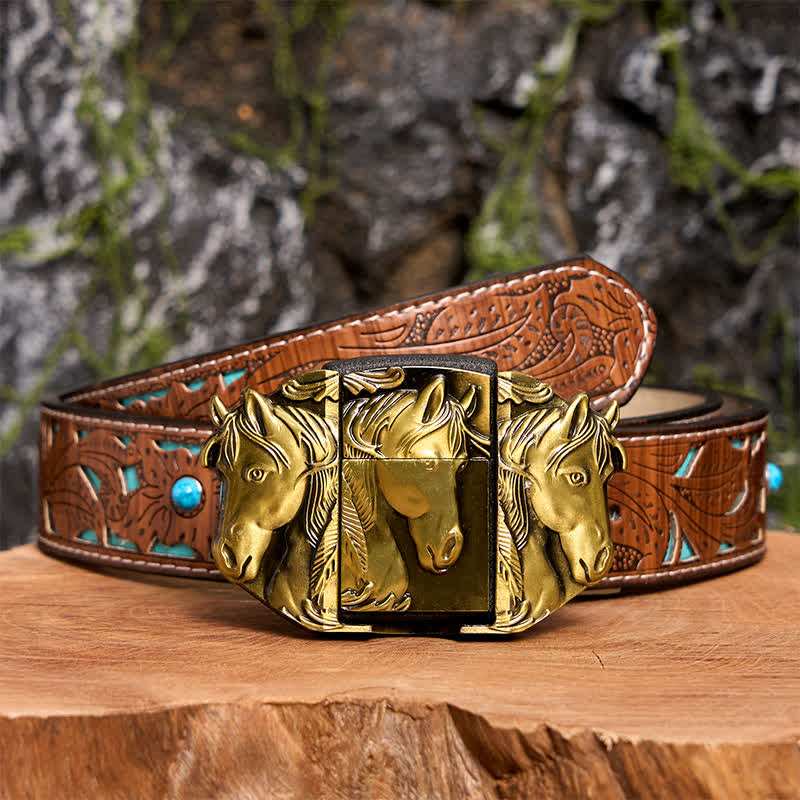 Men's DIY Bronze Triple Horses Leather Belt With Hidden Lighter - Triple Horses - Turquoise Carved Belt - 42 - image 6