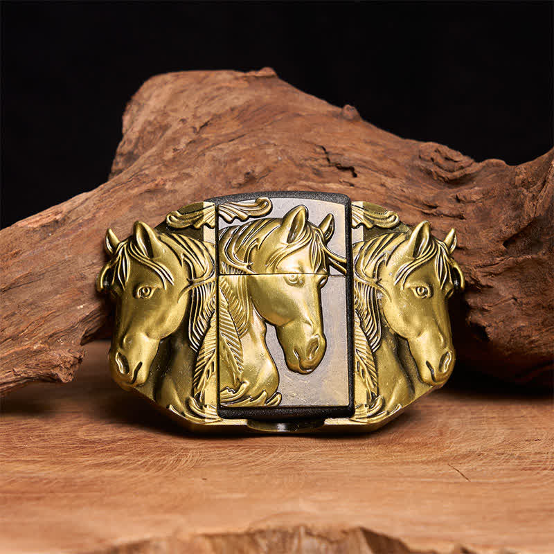 Men's DIY Bronze Triple Horses Leather Belt With Hidden Lighter - Triple Horses - Without Belt - Not Included Belt - image 1