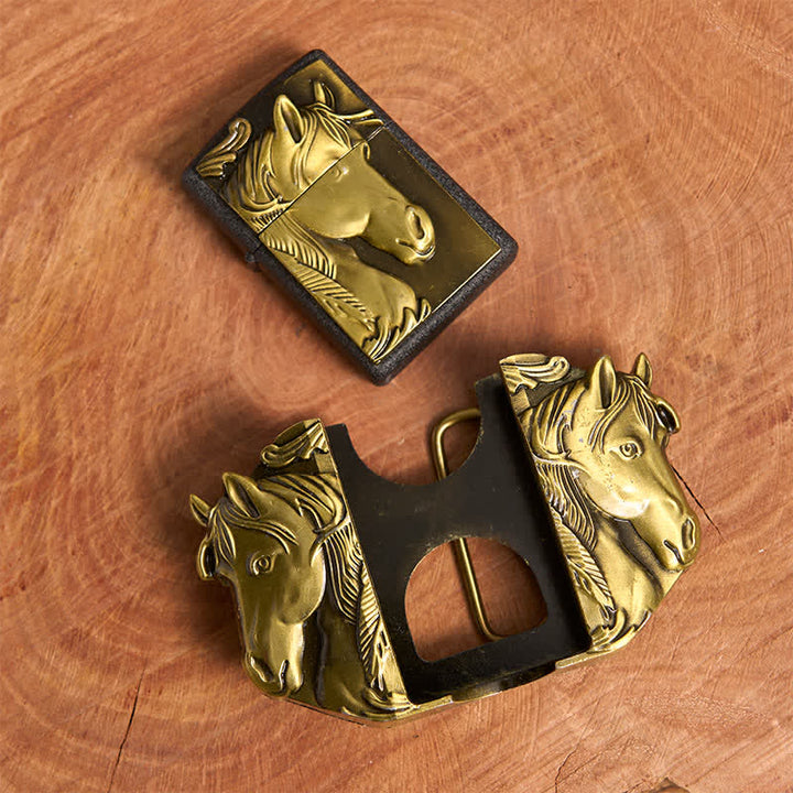 Men's DIY Bronze Triple Horses Leather Belt With Hidden Lighter - image 5