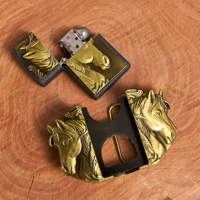 Men's DIY Bronze Triple Horses Leather Belt With Hidden Lighter - image 6