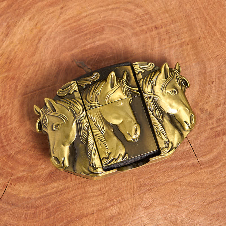 Men's DIY Bronze Triple Horses Leather Belt With Hidden Lighter - image 3