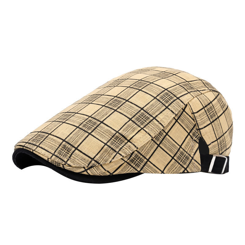 Spring And Summer Fashion Pure Cotton Striped&Checkered Beret Hat - Camel grid - Adjustable (22"-24") - image 0