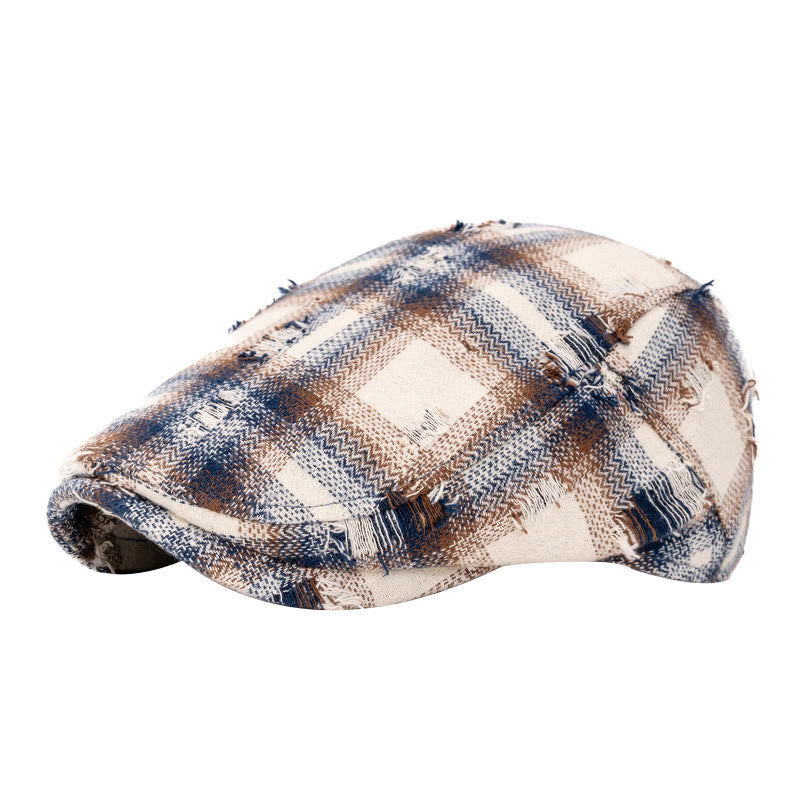 Autumn & Winter Broken Edge Vintage Plaid Beret Hat - Beige - Adjustable (22"-24") - image 1