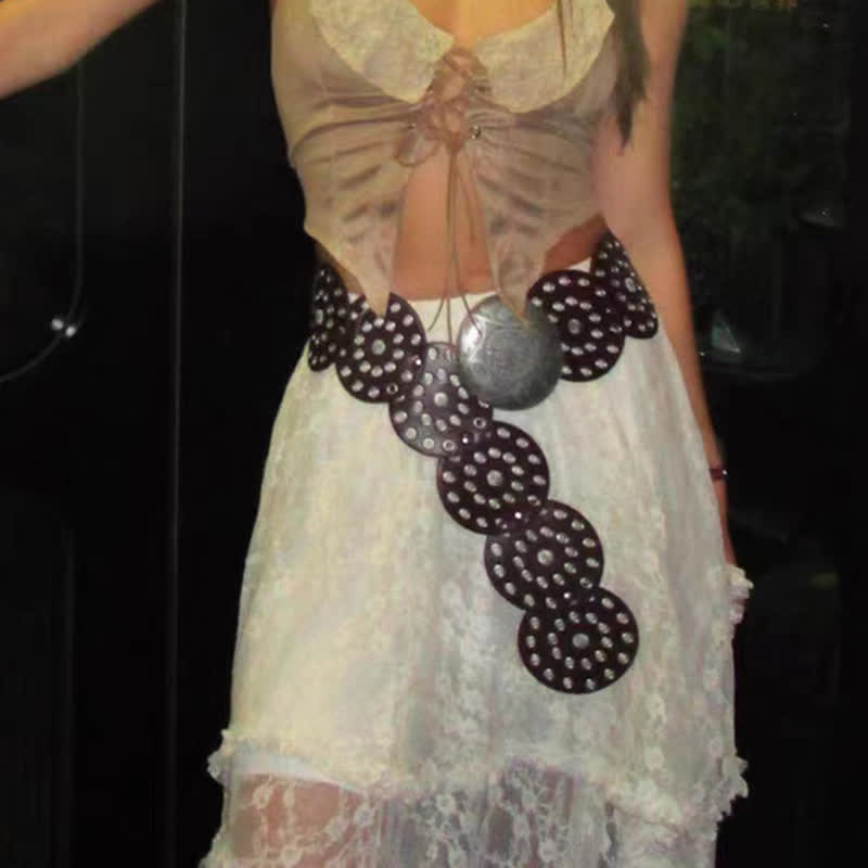 Retro Western Style Exaggerated Circular Hollow Women's Leather Belt - image 1