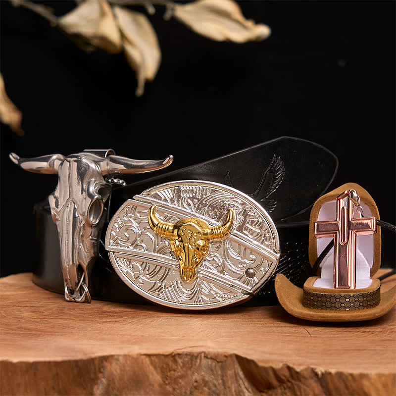 Gold & Silver Bull DIY Hidden Knife Belt Buckle Cross Necklace Bundle Set - Gold & Silver Bull - Black Embossed Eagle Belt - 42 - image 2