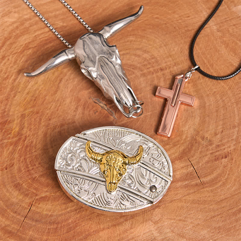 Gold & Silver Bull DIY Hidden Knife Belt Buckle Cross Necklace Bundle Set - Gold & Silver Bull - Without Belt - Not Include Belt - image 1