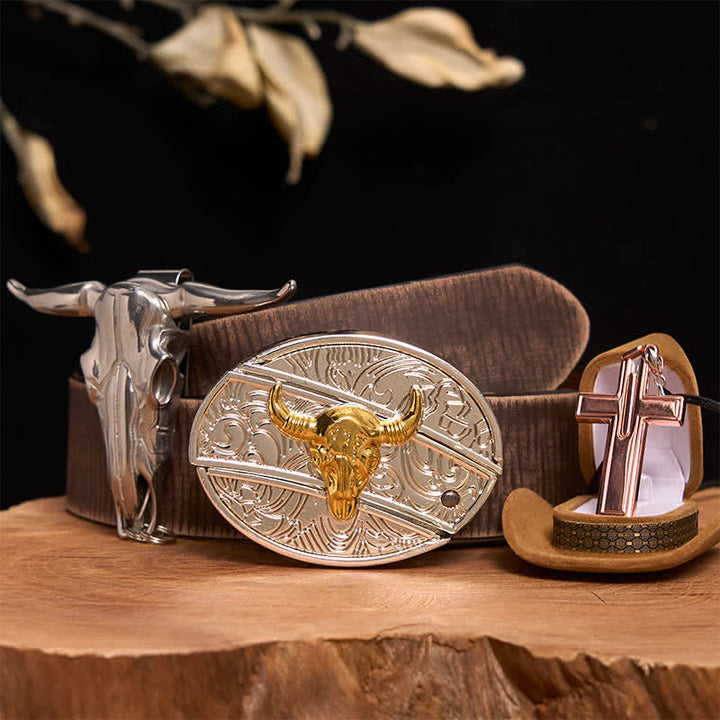 Gold & Silver Bull DIY Hidden Knife Belt Buckle Cross Necklace Bundle Set - Gold & Silver Bull - Brown Distressed Belt - 42 - image 5