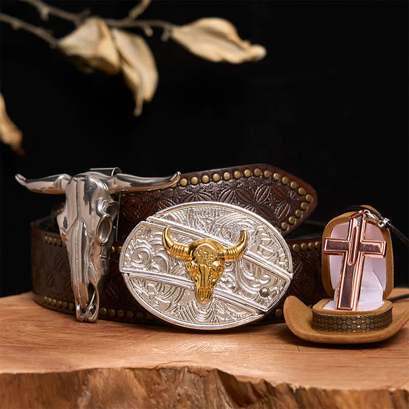 Gold & Silver Bull DIY Hidden Knife Belt Buckle Cross Necklace Bundle Set - Gold & Silver Bull - Brown Rivet Belt - 42 - image 4