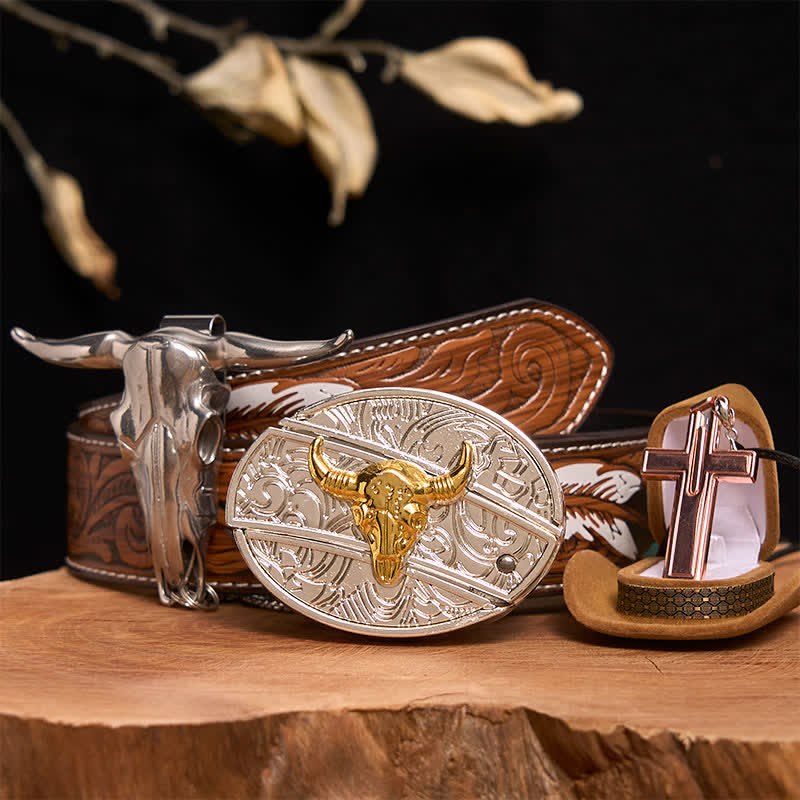 Gold & Silver Bull DIY Hidden Knife Belt Buckle Cross Necklace Bundle Set - Gold & Silver Bull - Brown Feather Belt - 40 - image 0