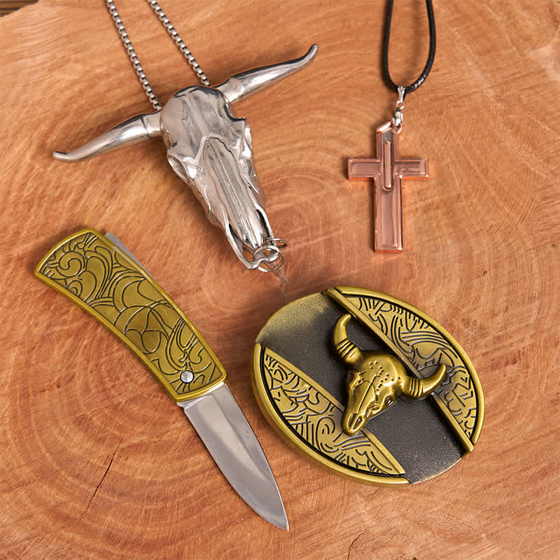 Bronze Bull DIY Hidden Knife Belt Buckle Cross Necklace Bundle Set - image 2