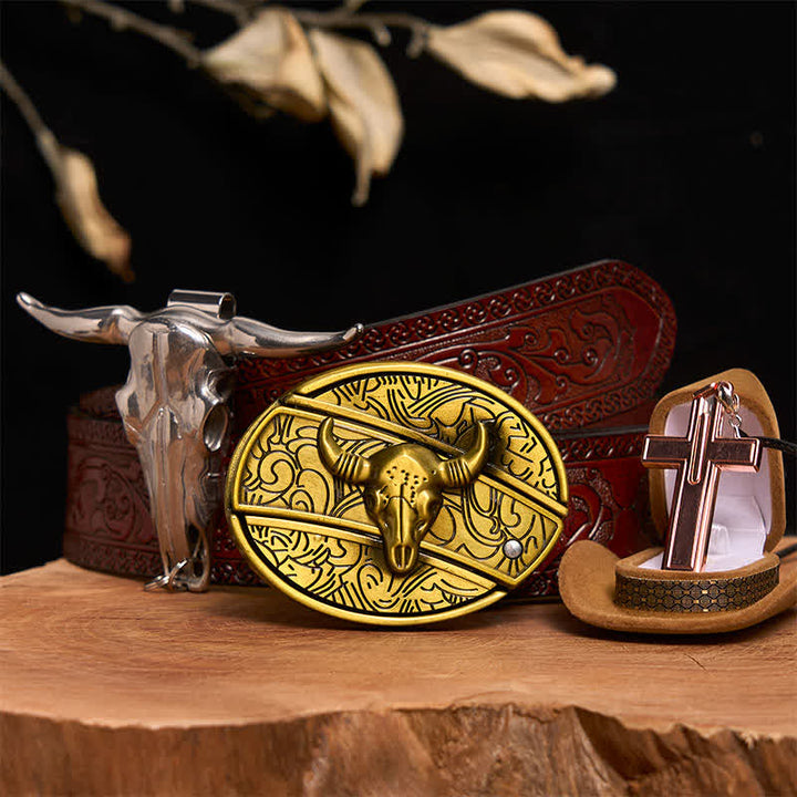 Bronze Bull DIY Hidden Knife Belt Buckle Cross Necklace Bundle Set - Bronze Bull - Brown Carved Belt - 42 - image 7