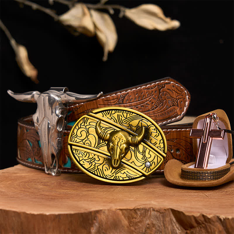 Bronze Bull DIY Hidden Knife Belt Buckle Cross Necklace Bundle Set - Bronze Bull - Turquoise Carved Belt - 42 - image 4
