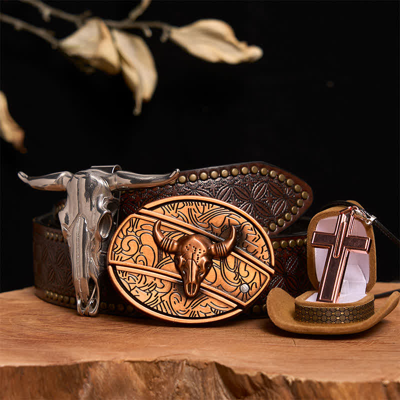Red Bronze Bull DIY Hidden Knife Belt Buckle Cross Necklace Bundle Set - Red Bronze Bull - Brown Rivet Belt - 42 - image 5