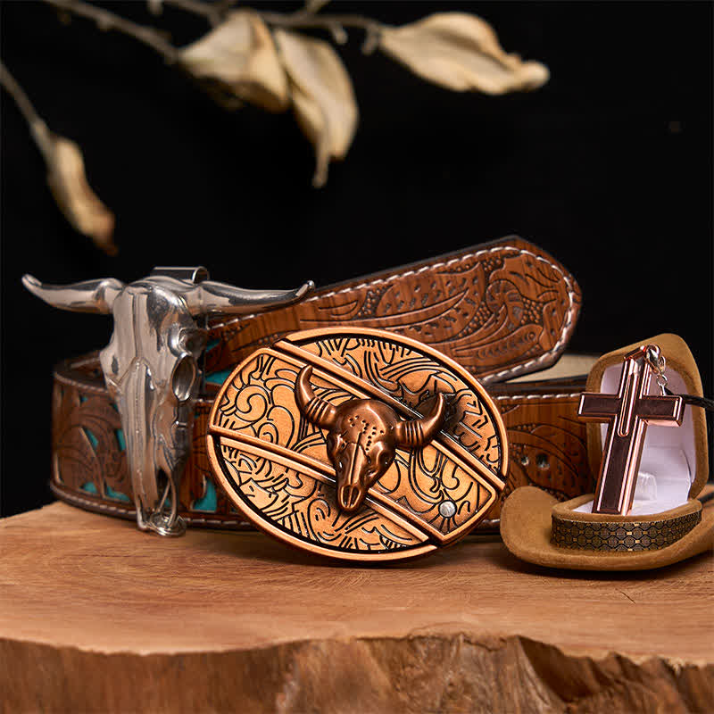 Red Bronze Bull DIY Hidden Knife Belt Buckle Cross Necklace Bundle Set - Red Bronze Bull - Turquoise Carved Belt - 42 - image 4