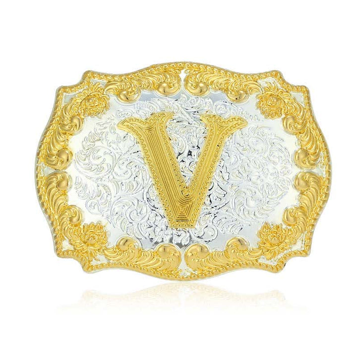 Men's DIY Golden Initial Letter Buckle Leather Belt - V - Without Belt - image 26
