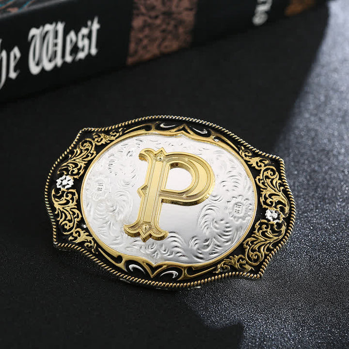 Golden Black DIY Retro Initial Letter Buckle Leather Belt - P - Without Belt - image 18