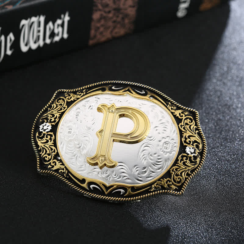Golden Black DIY Retro Initial Letter Buckle Leather Belt - P - Without Belt - image 17