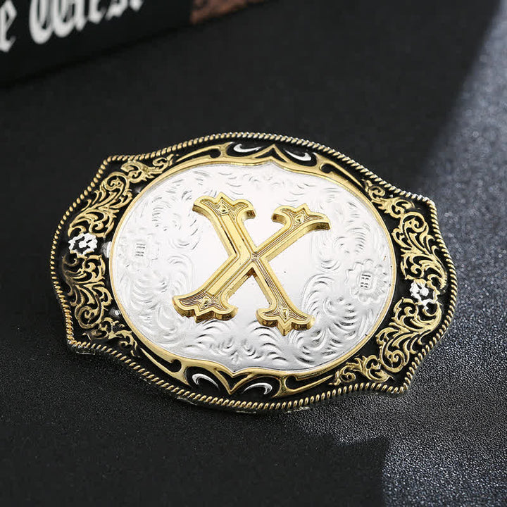 Golden Black DIY Retro Initial Letter Buckle Leather Belt - X - Without Belt - image 26