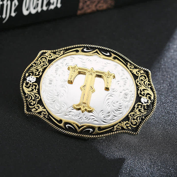 Golden Black DIY Retro Initial Letter Buckle Leather Belt - T - Without Belt - image 21