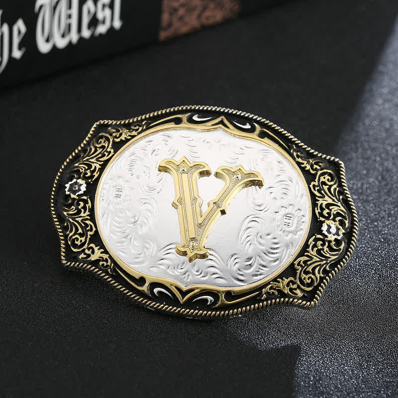 Golden Black DIY Retro Initial Letter Buckle Leather Belt - V - Without Belt - image 24