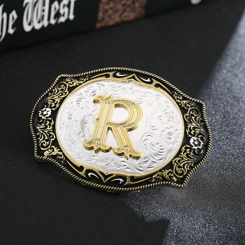 Golden Black DIY Retro Initial Letter Buckle Leather Belt - R - Without Belt - image 20
