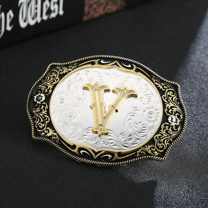 Golden Black DIY Retro Initial Letter Buckle Leather Belt - V - Without Belt - image 23