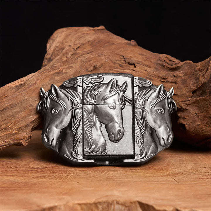 Men's DIY Silver Triple Horses Leather Belt With Hidden Lighter - Triple Horses - Without Belt - Not Included Belt - image 0