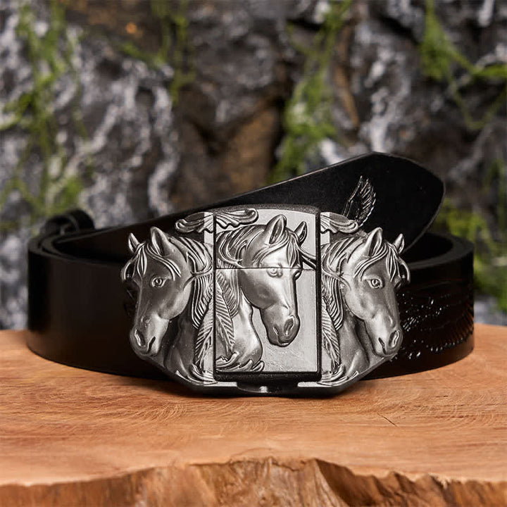 Men's DIY Silver Triple Horses Leather Belt With Hidden Lighter - Triple Horses - Black Embossed Eagle Belt - 42 - image 2
