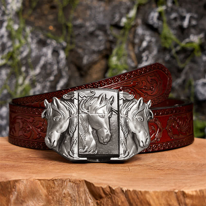 Men's DIY Silver Triple Horses Leather Belt With Hidden Lighter - Triple Horses - Brown Carved Belt - 42 - image 7