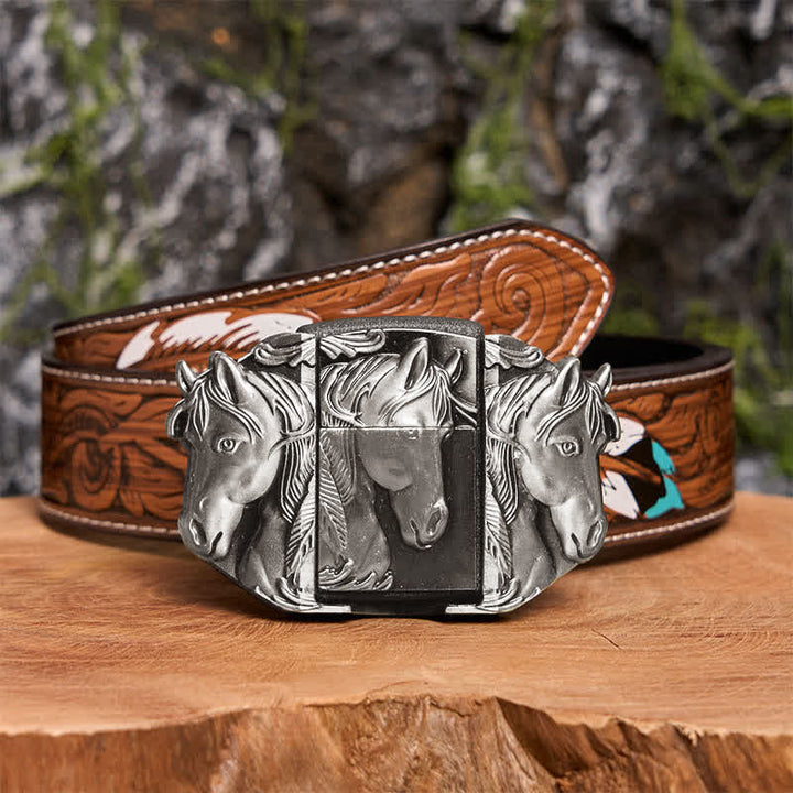 Men's DIY Silver Triple Horses Leather Belt With Hidden Lighter - Triple Horses - Brown Feather Belt - 40 - image 8