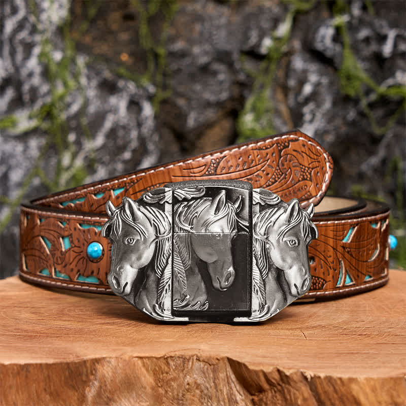 Men's DIY Silver Triple Horses Leather Belt With Hidden Lighter - Triple Horses - Turquoise Carved Belt - 42 - image 3