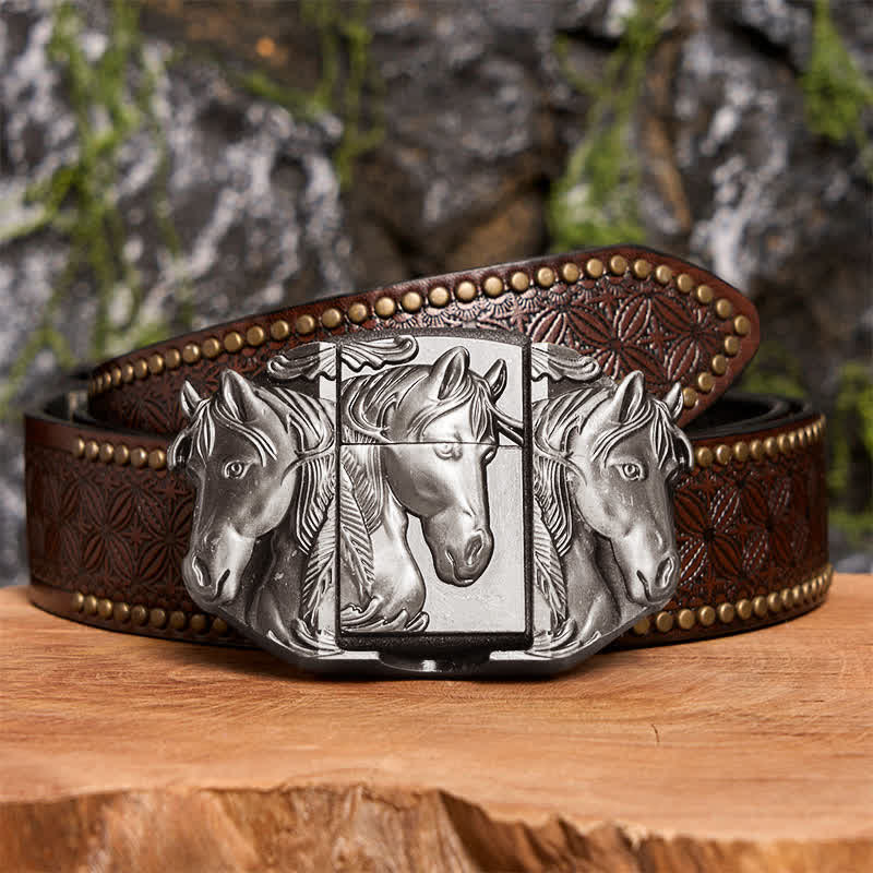Men's DIY Silver Triple Horses Leather Belt With Hidden Lighter - Triple Horses - Brown Rivet Belt - 42 - image 5
