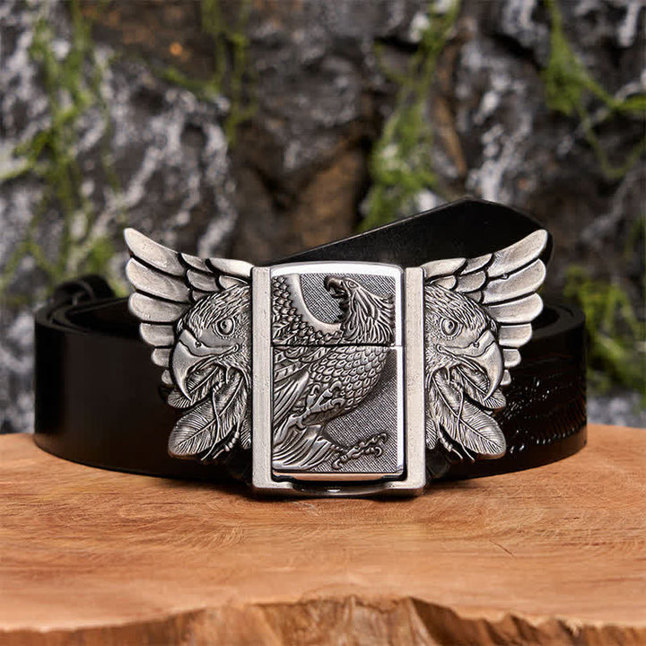 Men's DIY Silver Vulture Leather Belt with Hidden Lighter - Vulture - Black Embossed Eagle Belt - 42 - image 3