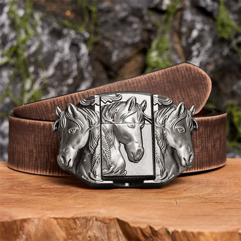 Men's DIY Silver Triple Horses Leather Belt With Hidden Lighter - Triple Horses - Brown Distressed Belt - 42 - image 5