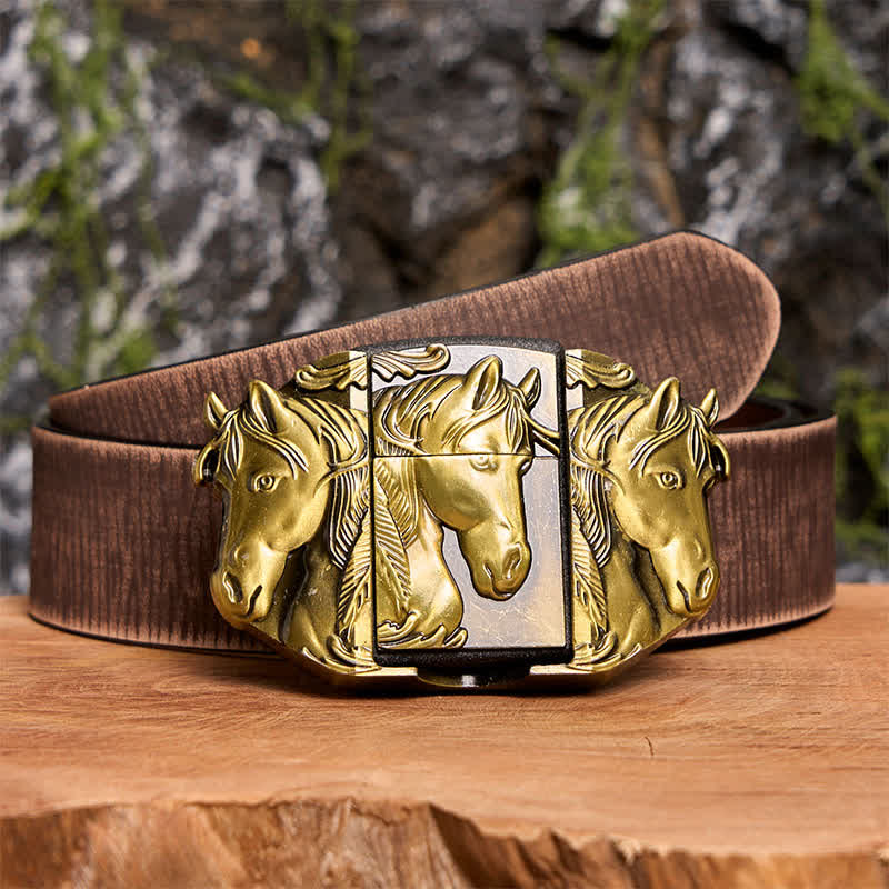 Men's DIY Bronze Triple Horses Leather Belt With Hidden Lighter - Triple Horses - Brown Distressed Belt - 42 - image 9