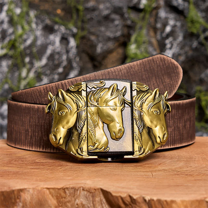 Men's DIY Bronze Triple Horses Leather Belt With Hidden Lighter - Triple Horses - Brown Distressed Belt - 42 - image 9