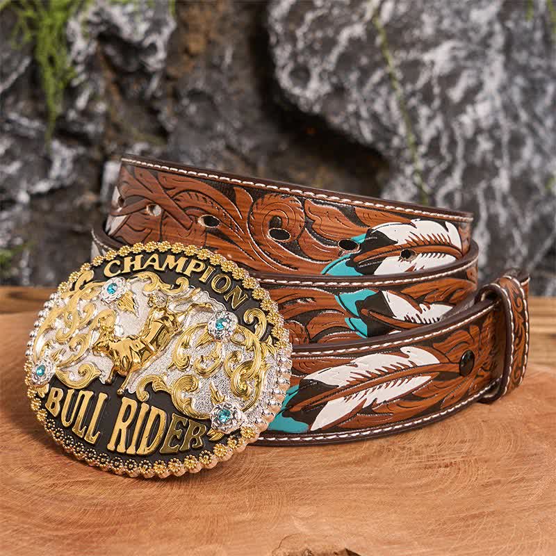 Men's DIY Golden Bull Champion Bull Rider Large Buckle Leather Belt - Golden Bull - Brown Feather Belt - 40 - image 5