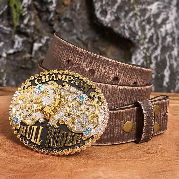 Men's DIY Golden Bull Champion Bull Rider Large Buckle Leather Belt - Golden Bull - Brown Distressed Belt - 42 - image 3