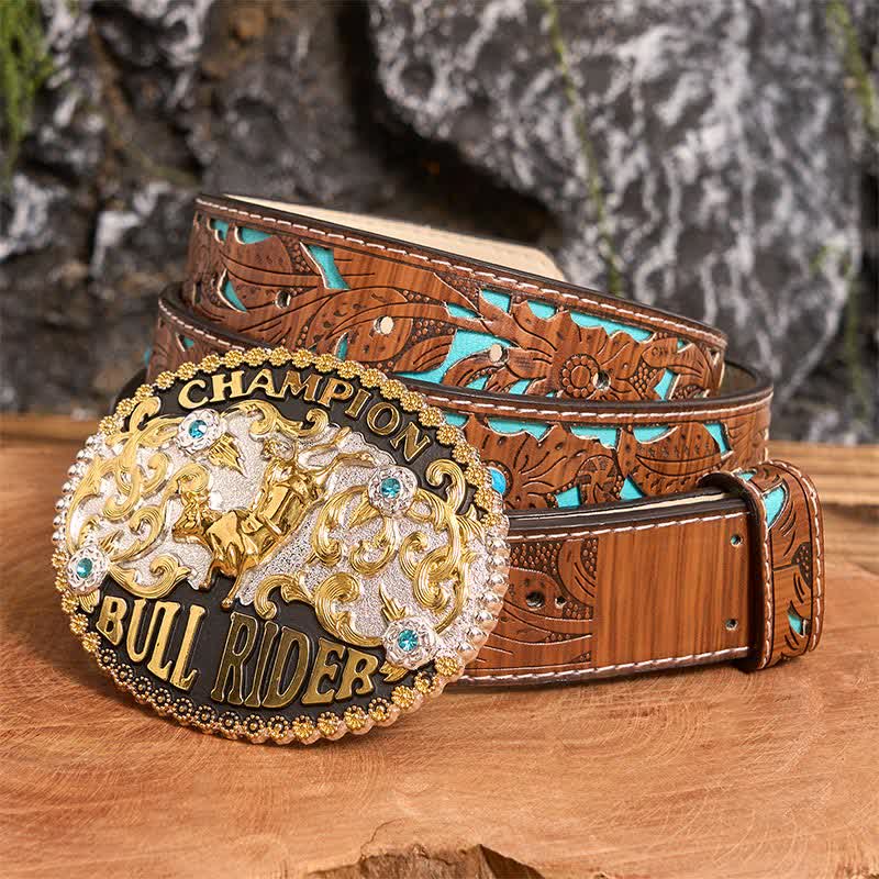 Men's DIY Golden Bull Champion Bull Rider Large Buckle Leather Belt - Golden Bull - Turquoise Carved Belt - 42 - image 1