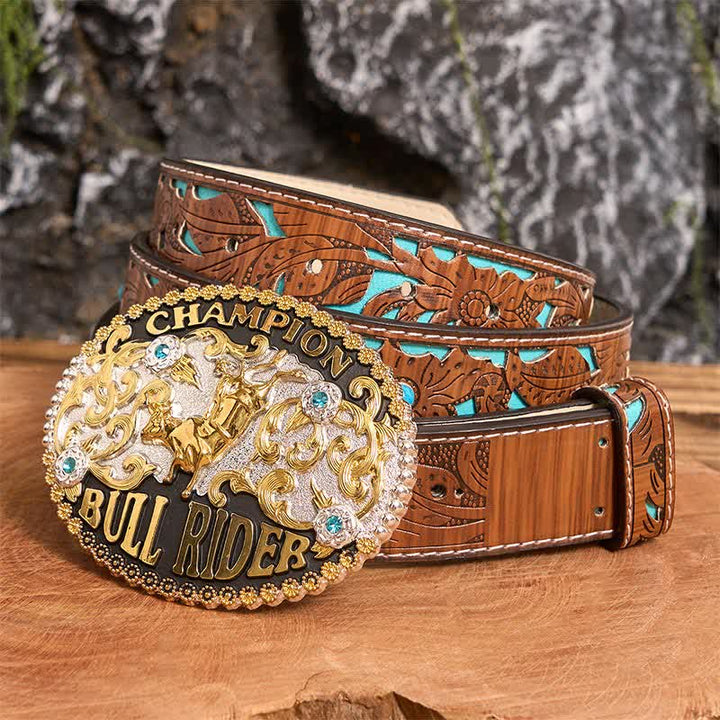 Men's DIY Golden Bull Champion Bull Rider Large Buckle Leather Belt - Golden Bull - Turquoise Carved Belt - 42 - image 1