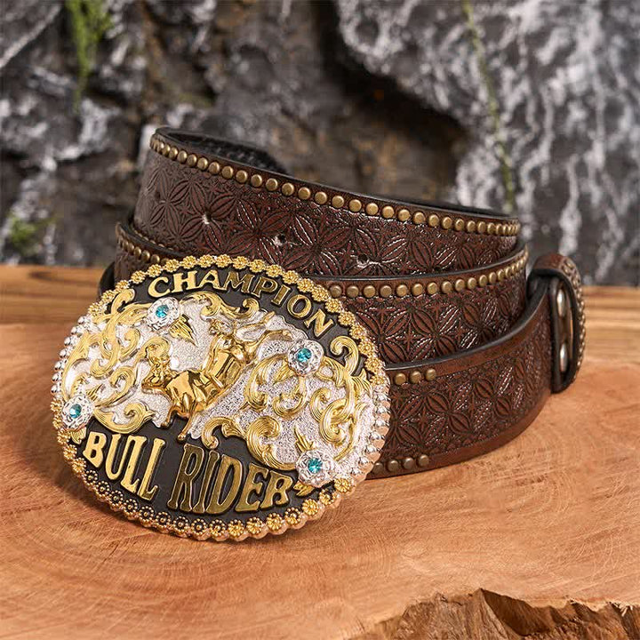 Men's DIY Golden Bull Champion Bull Rider Large Buckle Leather Belt - Golden Bull - Brown Rivet Belt - 42 - image 2