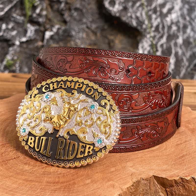 Men's DIY Golden Bull Champion Bull Rider Large Buckle Leather Belt - Golden Bull - Brown Carved Belt - 42 - image 4