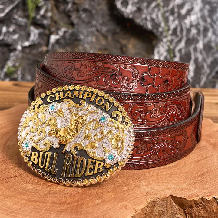 Men's DIY Golden Bull Champion Bull Rider Large Buckle Leather Belt - Golden Bull - Brown Carved Belt - 42 - image 4