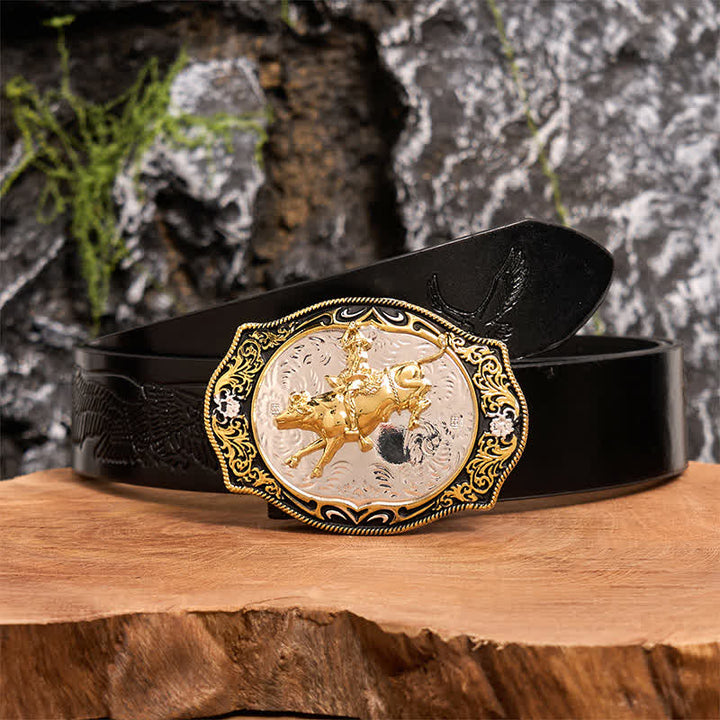 Gold & Black DIY Western Horse Riding Knight Cowboy Buckle Leather Belt - Horse Riding - Black Embossed Eagle Belt - 42 - image 1