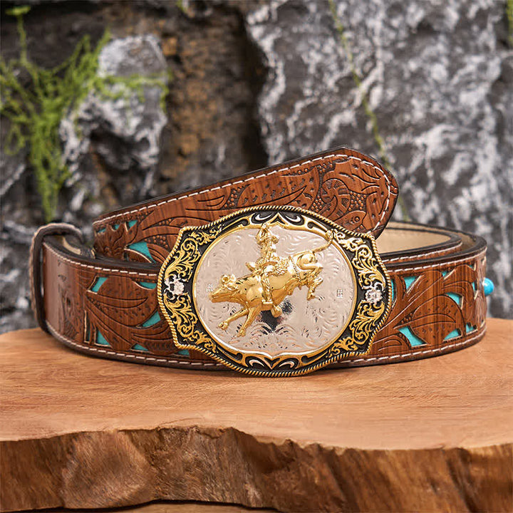 Gold & Black DIY Western Horse Riding Knight Cowboy Buckle Leather Belt - Horse Riding - Turquoise Carved Belt - 42 - image 4