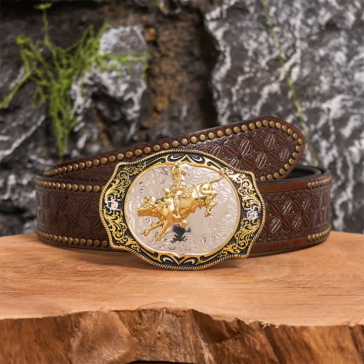 Gold & Black DIY Western Horse Riding Knight Cowboy Buckle Leather Belt - Horse Riding - Brown Rivet Belt - 42 - image 5