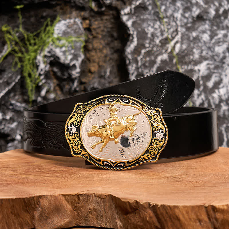 Gold & Black DIY Western Horse Riding Knight Cowboy Buckle Leather Belt - Horse Riding - Black Embossed Eagle Belt - 42 - image 1
