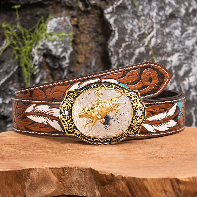 Gold & Black DIY Western Horse Riding Knight Cowboy Buckle Leather Belt - Horse Riding - Brown Feather Belt - 40 - image 8