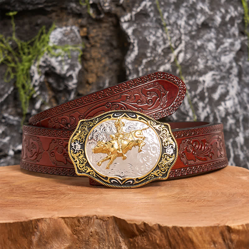 Gold & Black DIY Western Horse Riding Knight Cowboy Buckle Leather Belt - Horse Riding - Brown Carved Belt - 42 - image 6