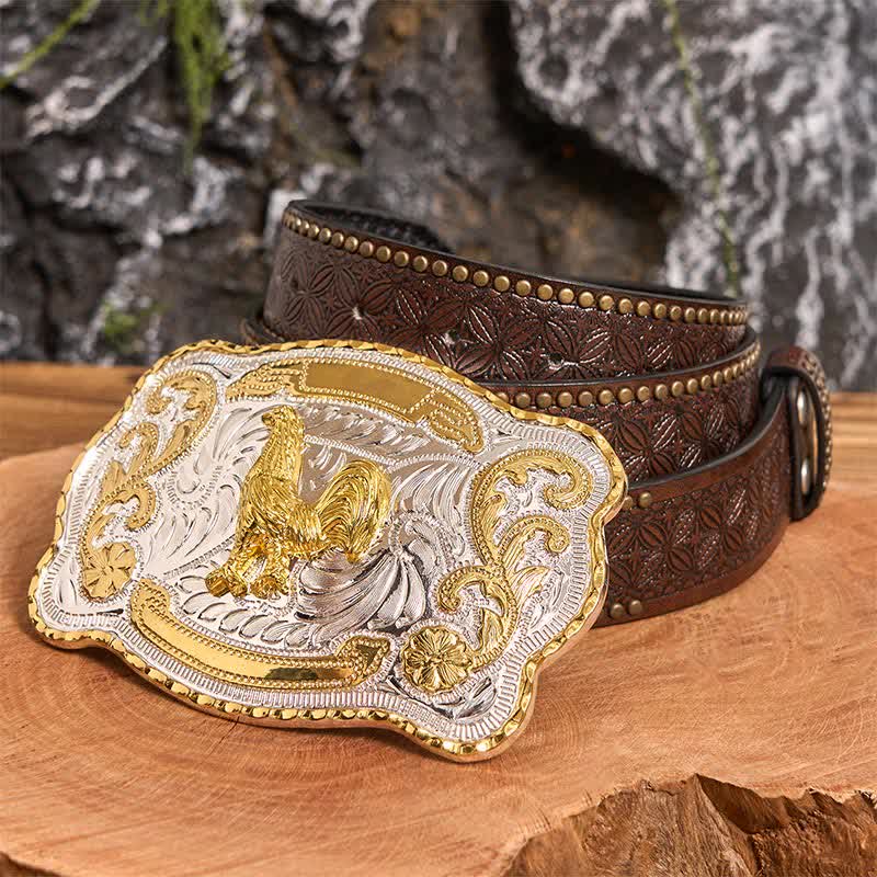 Gold Rooster DIY Western Cowboy Buckle Leather Belt - Rooster - Brown Rivet Belt - 42 - image 6